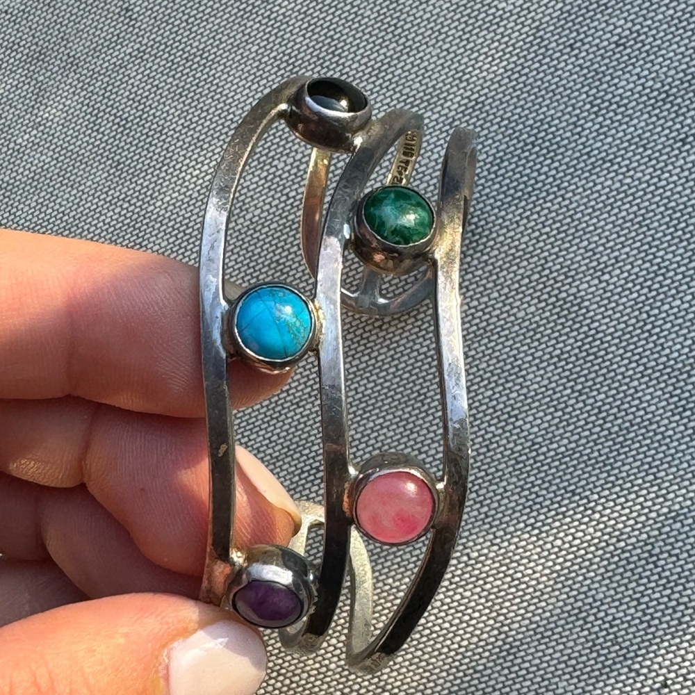 Gorgeous Sterling Silver Texco Mexico 915 Gemstone Wave Cuff Bracelet 34.7g